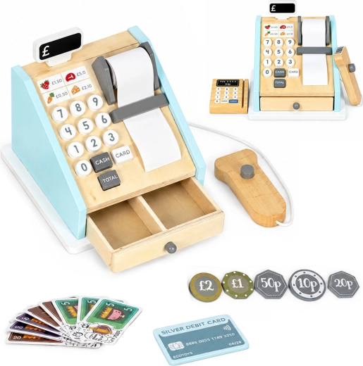 Caja registradora infantil de madera con terminal de pago y escáner ECOTOYS