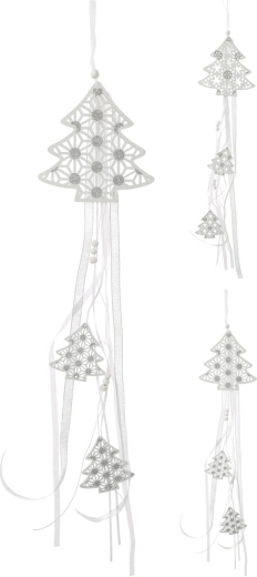 Decoración colgante de madera en forma de árbol 16 cm con cintas, blanca/plateada