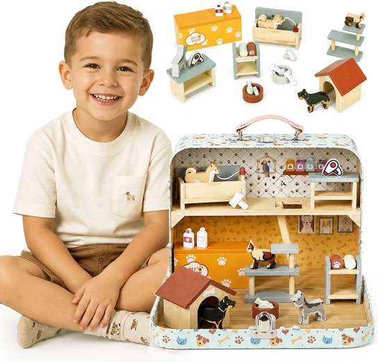 Ecotoys tienda de mascotas de madera en maletín portátil, de dos plantas (23 accesorios)