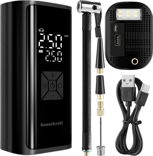 Bomba de aire eléctrica portátil 150 PSI con powerbank de 6000 mAh y linterna LED