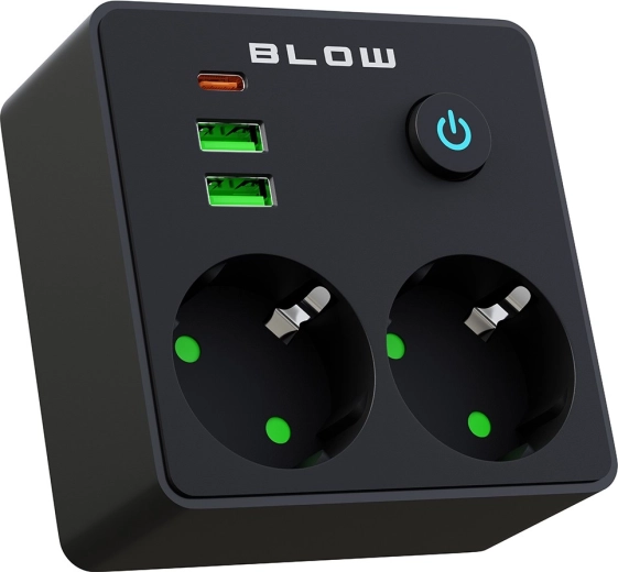 Ladrón de enchufe BLOW con 2 tomas, 2× USB y USB-C, negro
