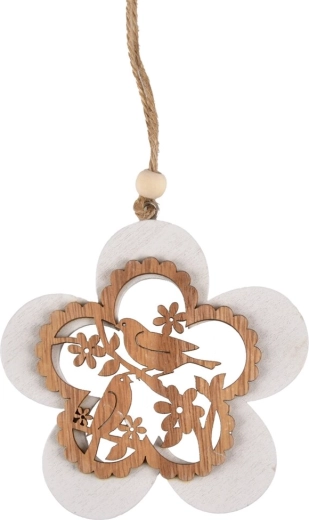 Flor colgante de madera con pajarito beige-blanco 10 cm