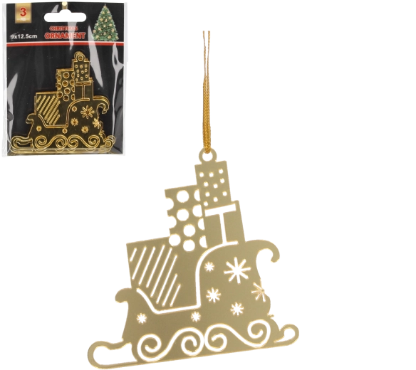 Set de 3 adornos navideños – trineos dorados de Santa Claus 8 × 8 cm