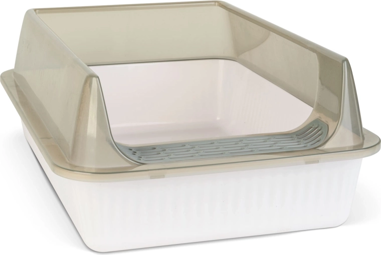 Arenero para gatos con borde elevado, blanco y gris