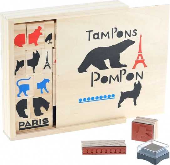 Sellos de madera POMPON TOYS – set creativo de 23 uds. con tintas