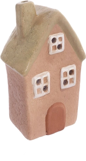 Portavelas de cerámica en forma de casita beige-verde 18 cm