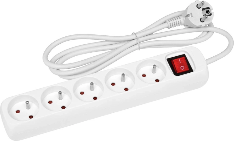 Alargador 3 m, 5 tomas con interruptor, blanco