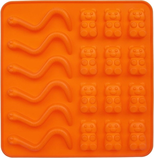 Molde de silicona para gominolas – gusanos y ositos, 18 uds., naranja