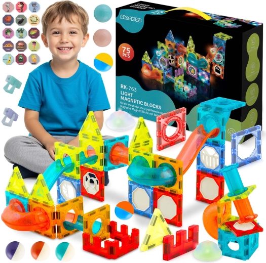 Juego de construcción magnético luminoso Ricokids con pista de canicas