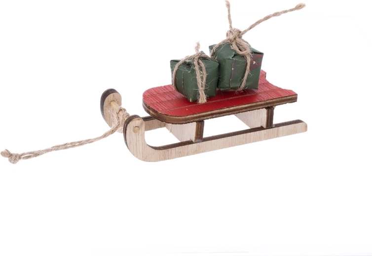 Trineo decorativo de madera beige-rojo 11 cm