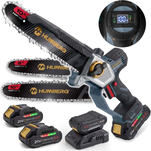 Motosierra de cadena a batería Humberg con espadas de 8″ y 10″