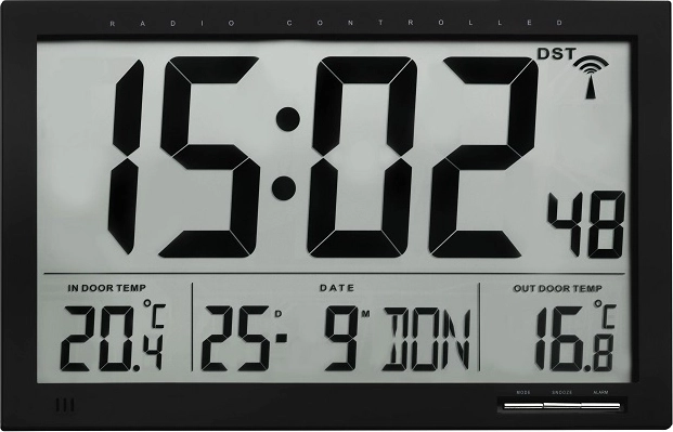 Reloj de pared XL TFA controlado por radio con temperatura interior y exterior, negro