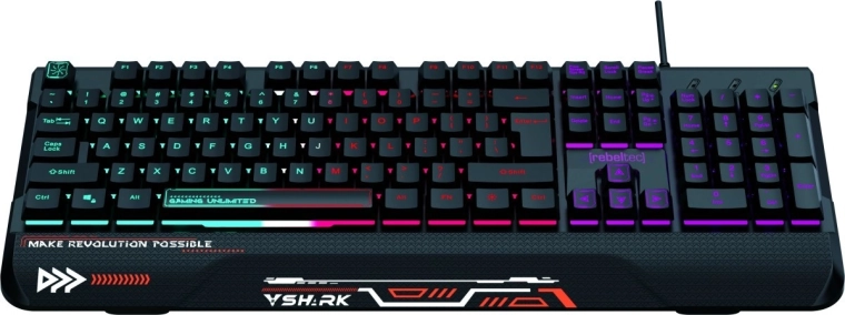 teclado gaming de tamaño completo con retroiluminación RGB y reposamuñecas REBELTEC SHARK, resistente al agua