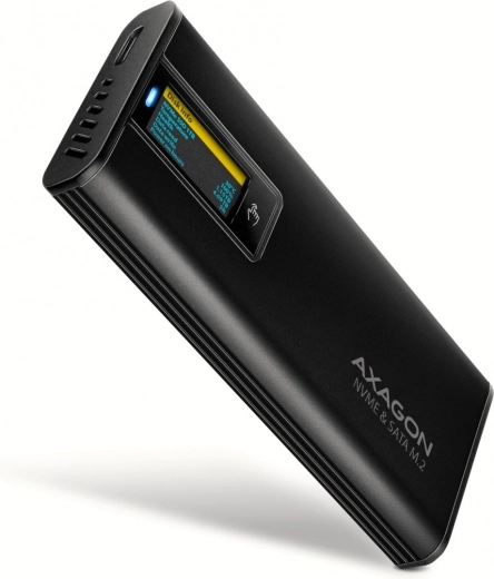 Axagon EEM2-SD2B caja externa de aluminio para M.2 NVMe/SATA, USB-C 3.2 Gen 2, pantalla LED, negra