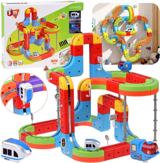 Bloques magnéticos con ferrocarril magnético y 2 trenes, 178 piezas