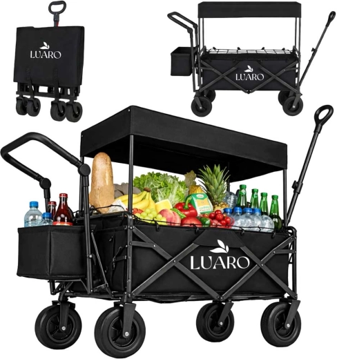 Carrito plegable de playa y jardín con toldo y red LUARO, negro