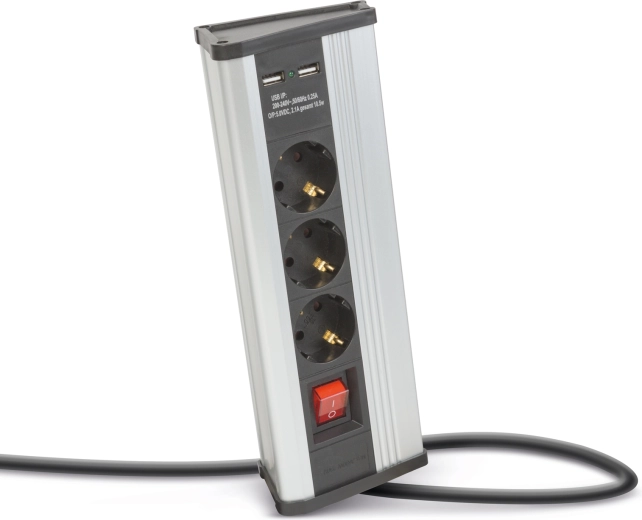 Regleta de enchufes angular con interruptor y puertos USB, de aluminio