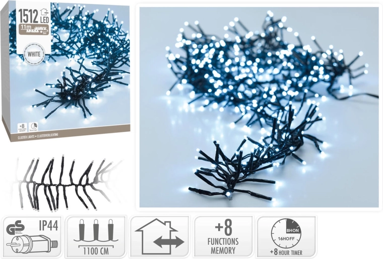 Cadena de luces navideñas 11 m, 1512 LED, blanco frío, 8 funciones, IP44, con temporizador - 1 pieza