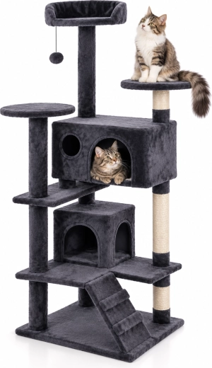 Rascador gris para gatos con casita 49 × 49 × 134,5 cm