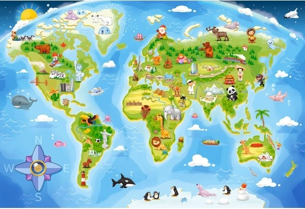 Divertido mapa del mundo con animales y monumentos