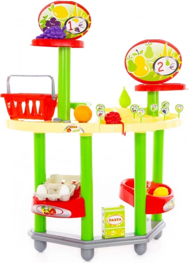 Alimentos de colores y cesta para compras realistas