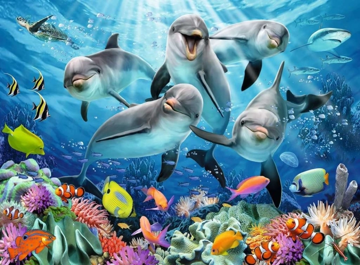 Impresionante motivo de delfines y arrecife de coral