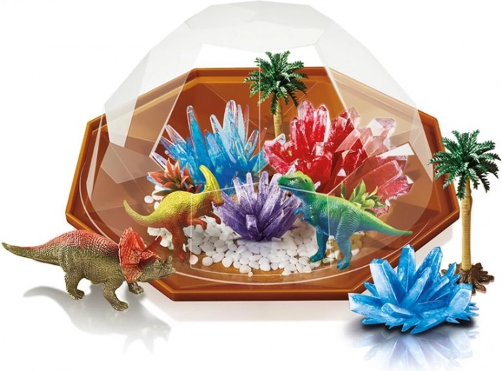 Escena de dinosaurios bajo una cúpula transparente