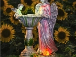 Ángel solar de jardín con bañera para pájaros e iluminación LED RGB