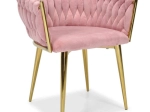 Silla rosa de terciopelo glamour con patas doradas y tapizado trenzado