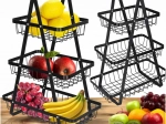 Cesta de frutas de metal de tres niveles con asa de madera, negra