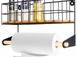 Soporte de pared para toallas de papel con estante, metálico negro