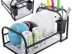 Escurreplatos estilo loft con bandeja, soporte para cuchillos y cubiertos, negro